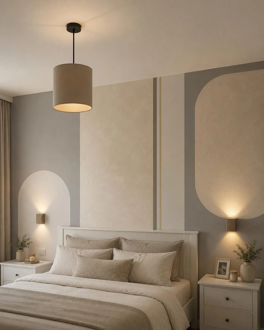 Finished bedroom with a layered neutral geometric feature wall and warm wall lights